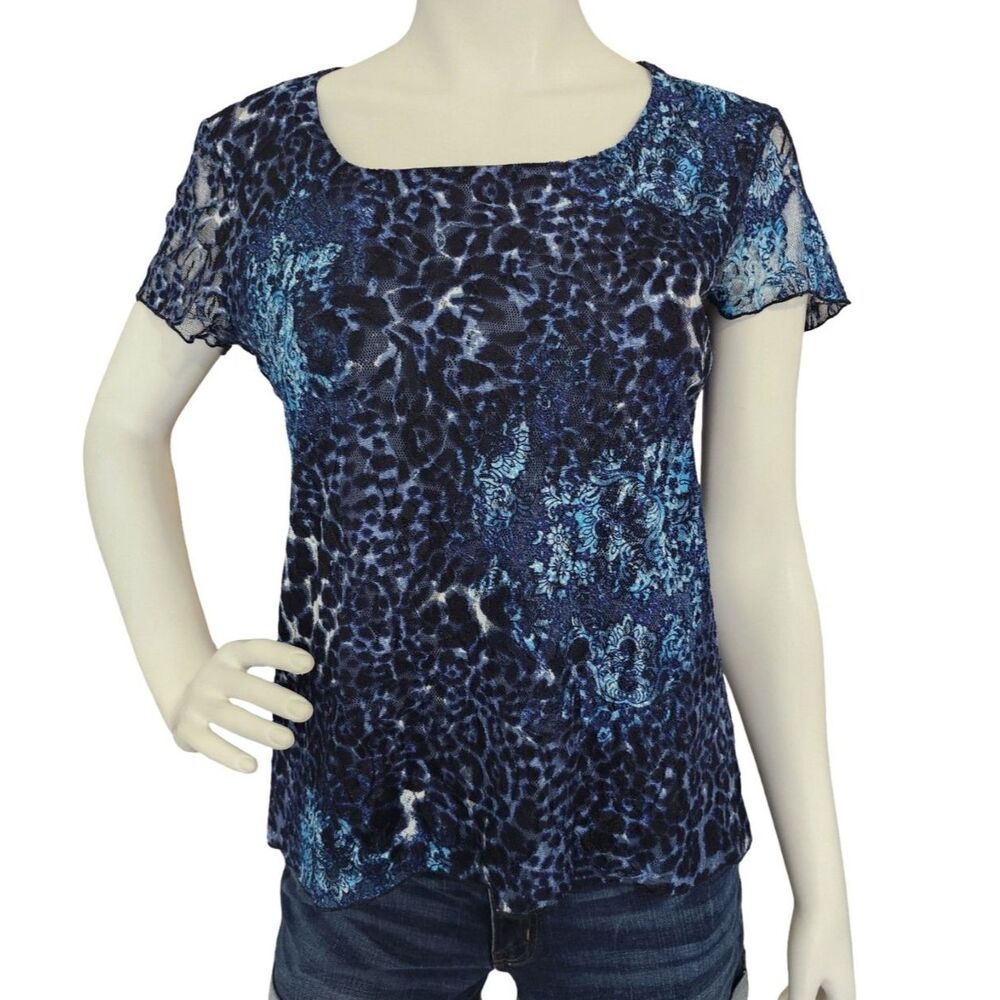 Christopher & Banks Blue Leopard Mesh Layered Top